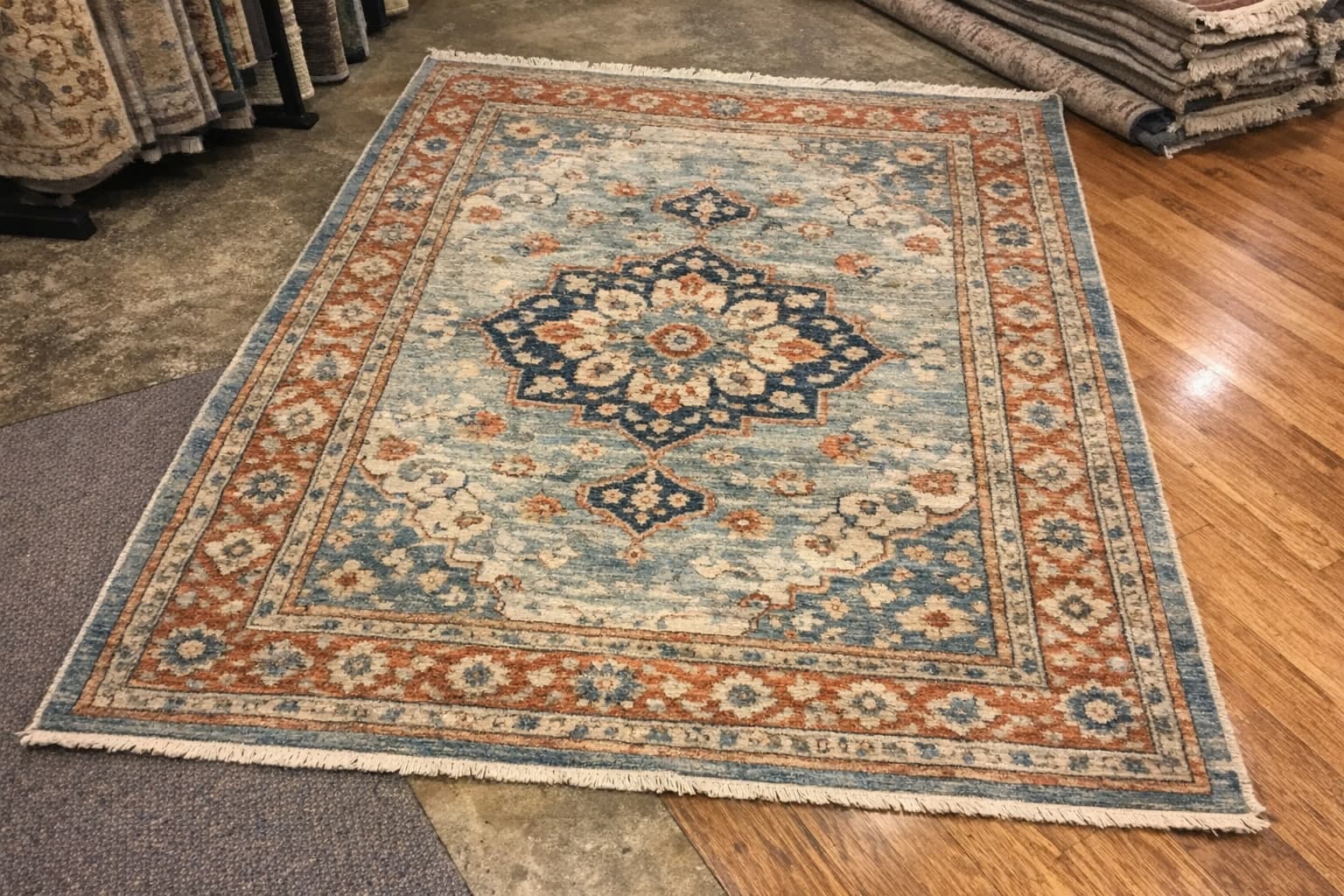 A rough rug photo taken quickly in store before inventory cleanup.