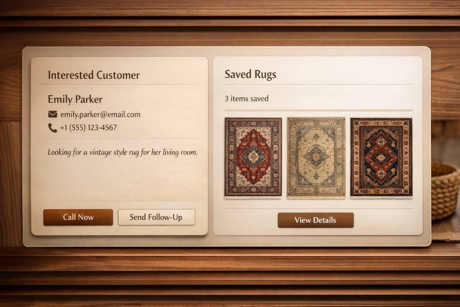 A warm staff-side Rugdesk view showing an interested customer and the rugs they saved.